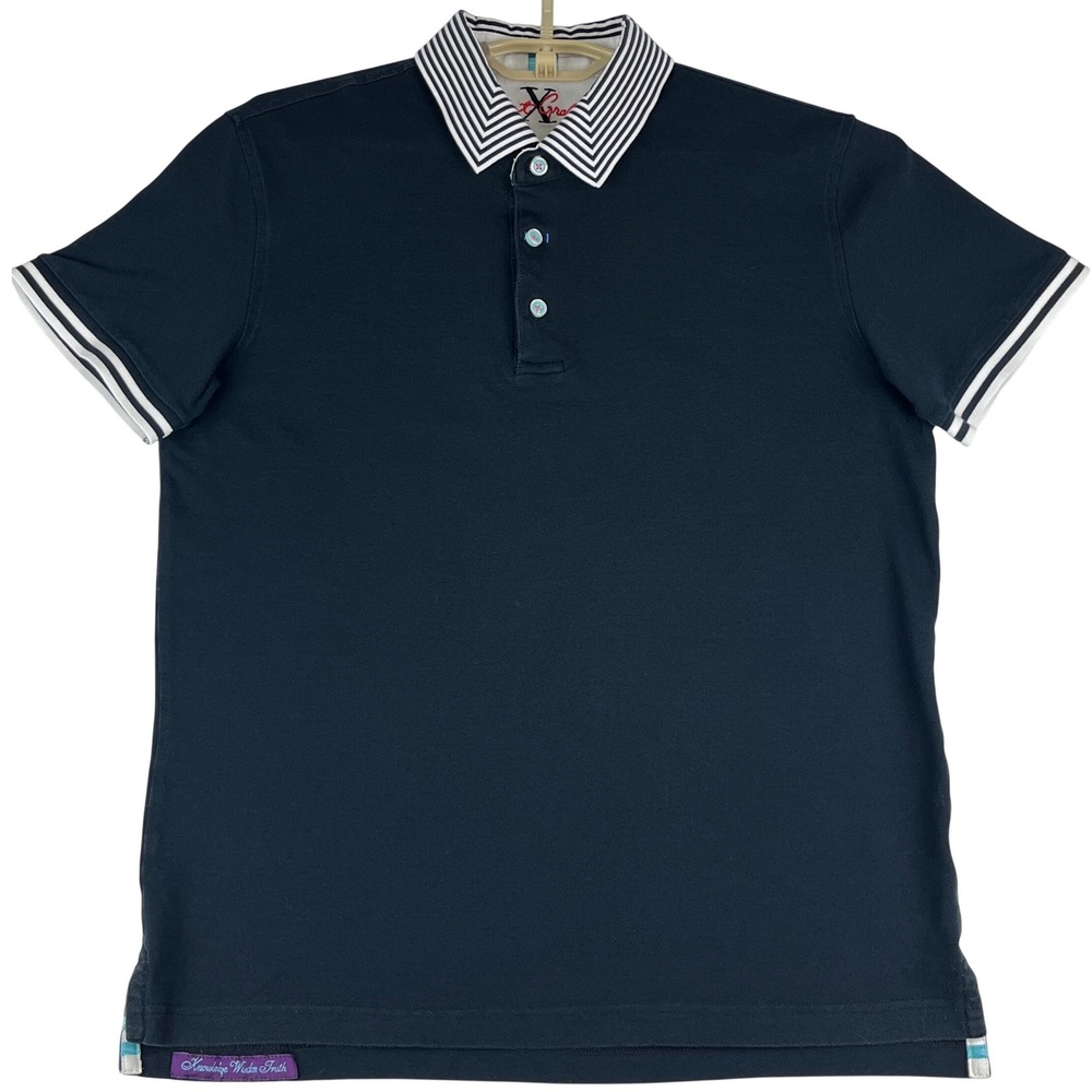Robert Graham Polo Shirt Mens M Tailored Fit Dark Navy Blue Striped Collar Pique